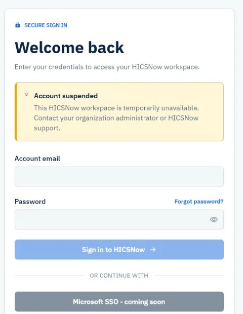 Organization login showing that the fictional HICSNow Training Hospital workspace is suspended