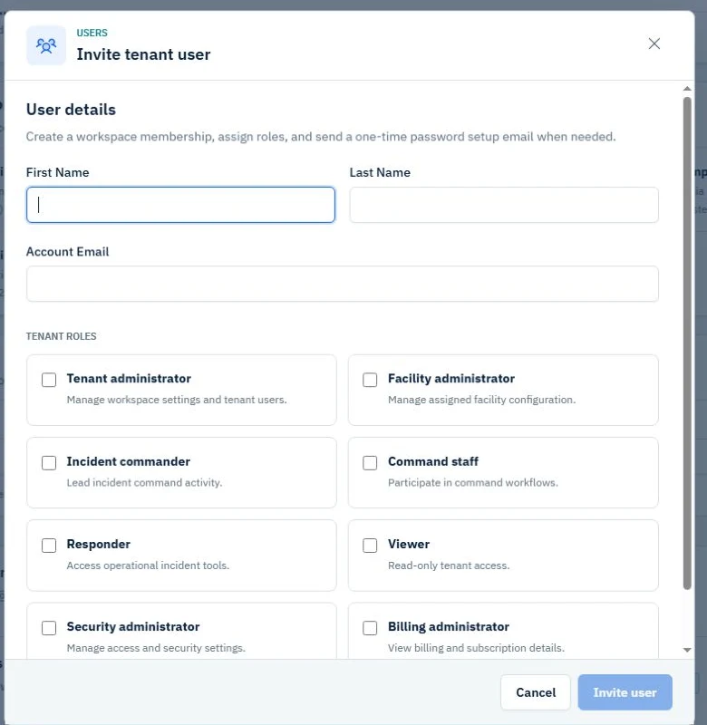 Invite tenant user form with blank required fields and no role selected