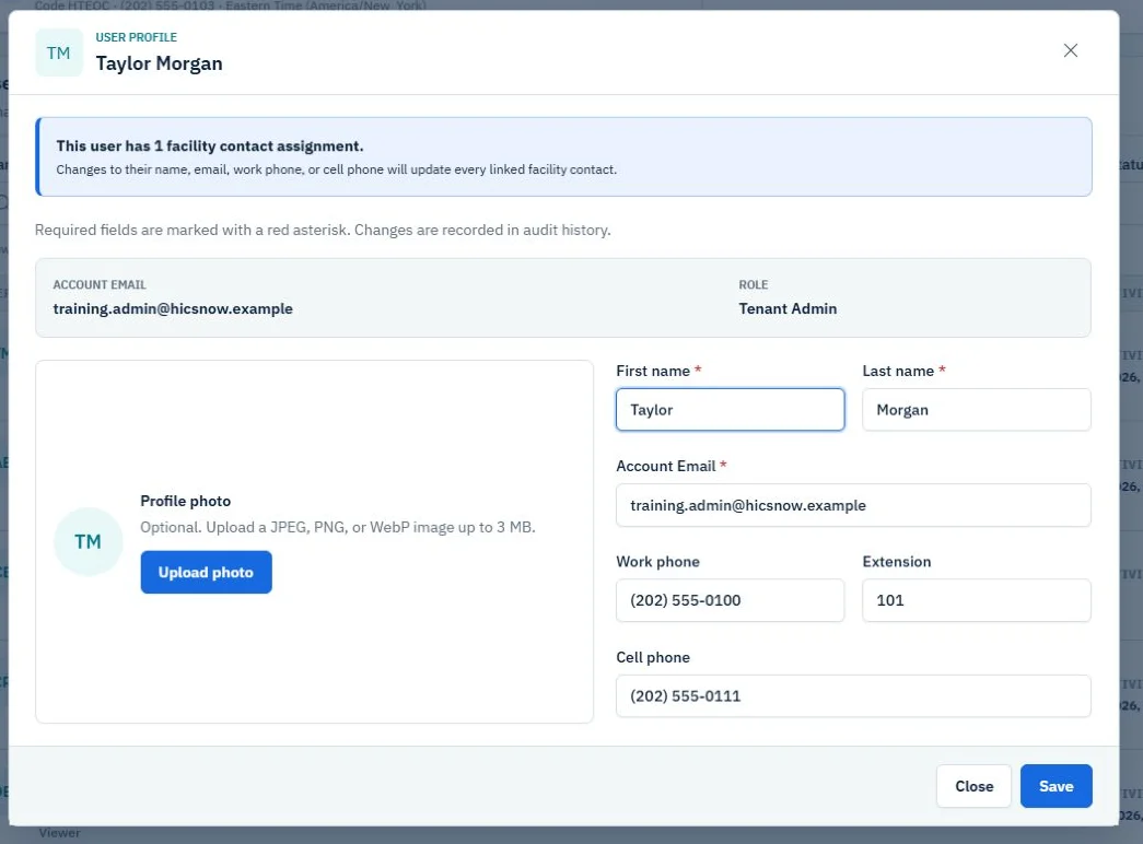 User profile warning showing that identity and phone changes update a linked facility contact