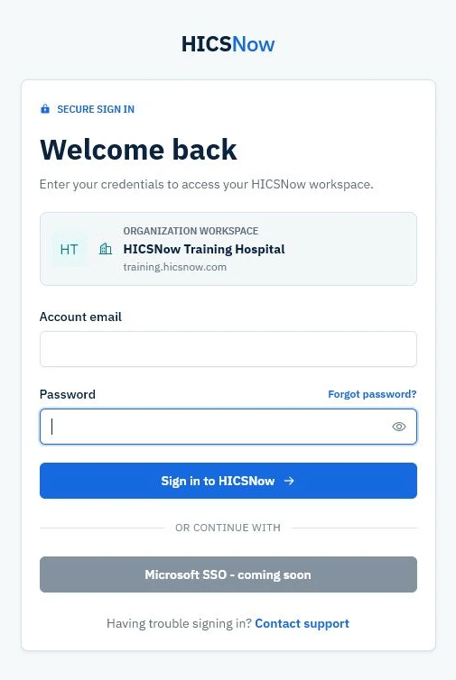 The HICSNow Training Hospital login panel showing the organization workspace banner.