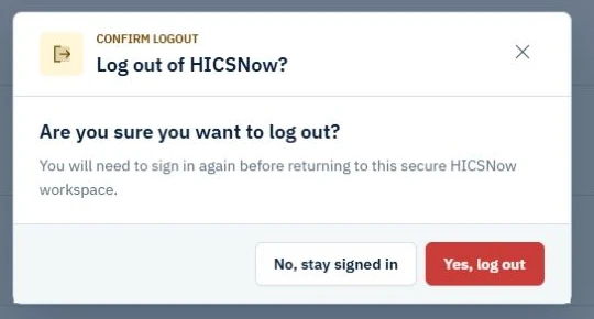 Confirmation prompt asking whether the signed-in user wants to log out of HICSNow