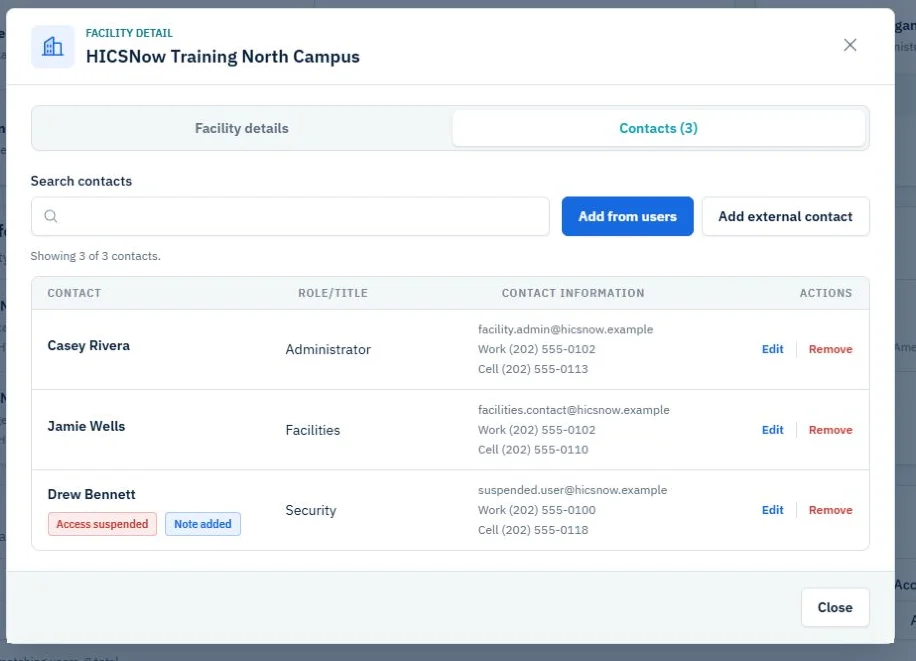 Facility contact directory showing a linked user retained with Access suspended status