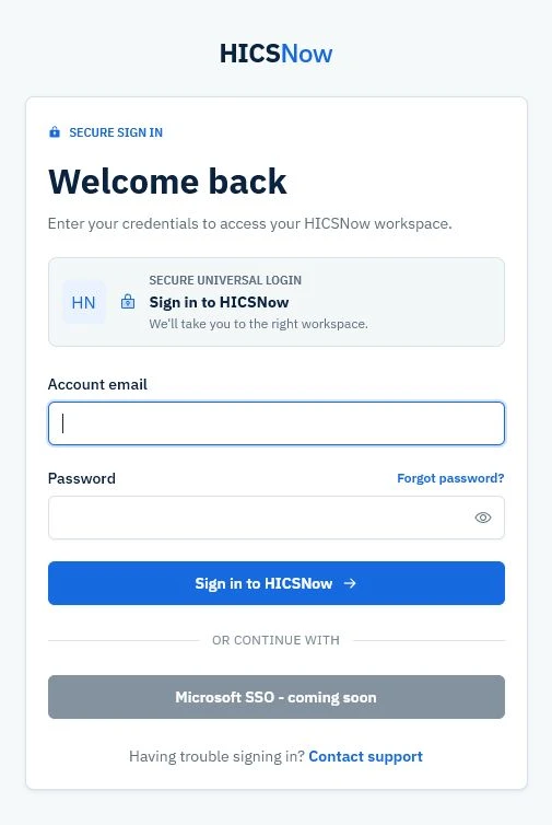 The HICSNow universal login panel with empty account email and password fields.