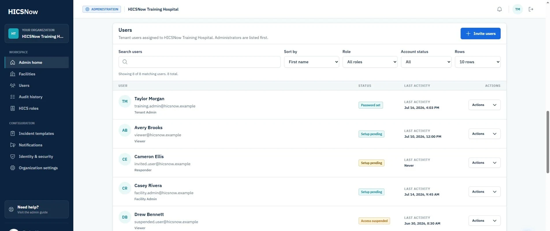 Users card showing synthetic HICSNow training accounts, filters, statuses, and actions
