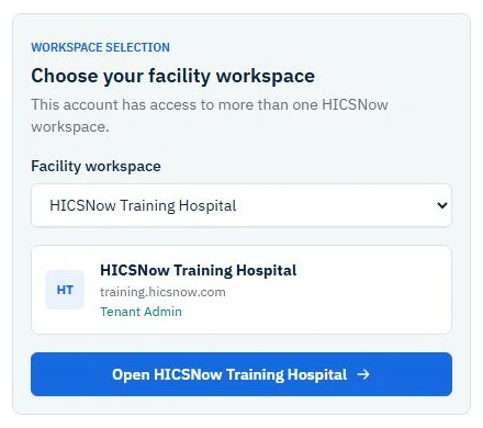 Workspace selector listing HICSNow Training Hospital for a multi-workspace training account
